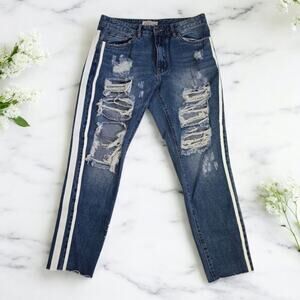 American Bazi High Waist Medium Wash Distressed Boyfriend Jeans Medium